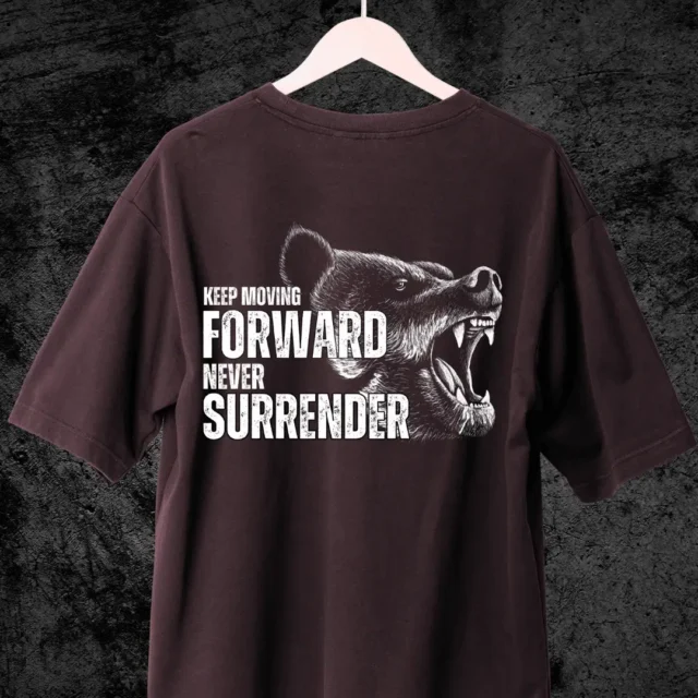 Keep Moving Forward Never Surrender maroon color in back mockup