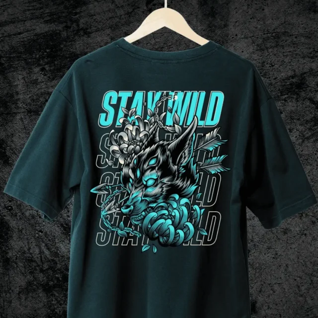 Stay wild wolf design Petrol blue color in back side