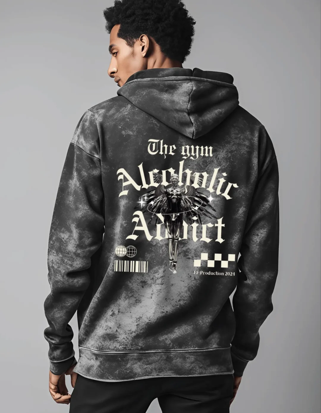 the gym alcoholic addict acid wash back side hoodie